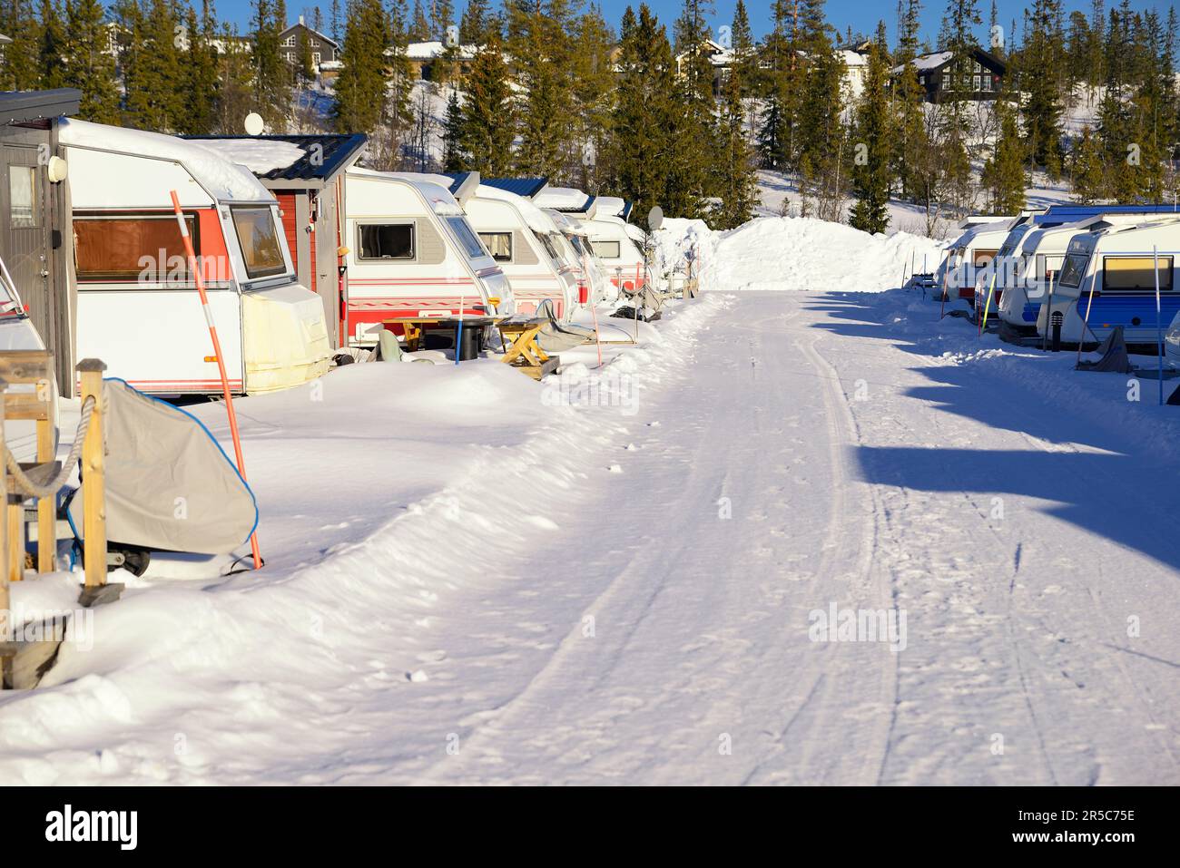 Snowy Winter camping with trailer Stock Photo