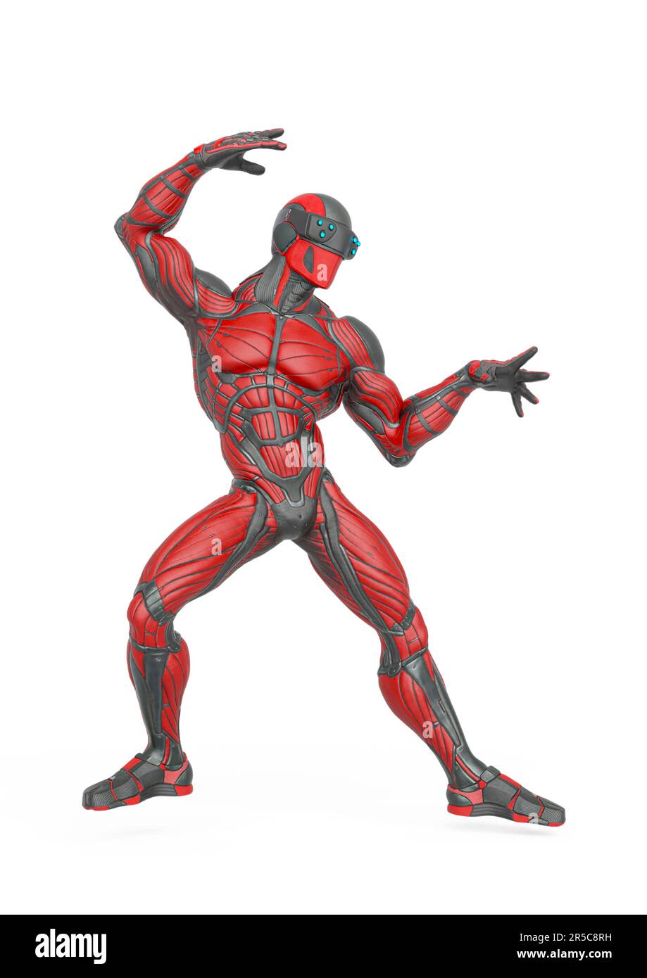 super hero is doing a dynamic fight pose in an exosuit, 3d illustration Stock Photo
