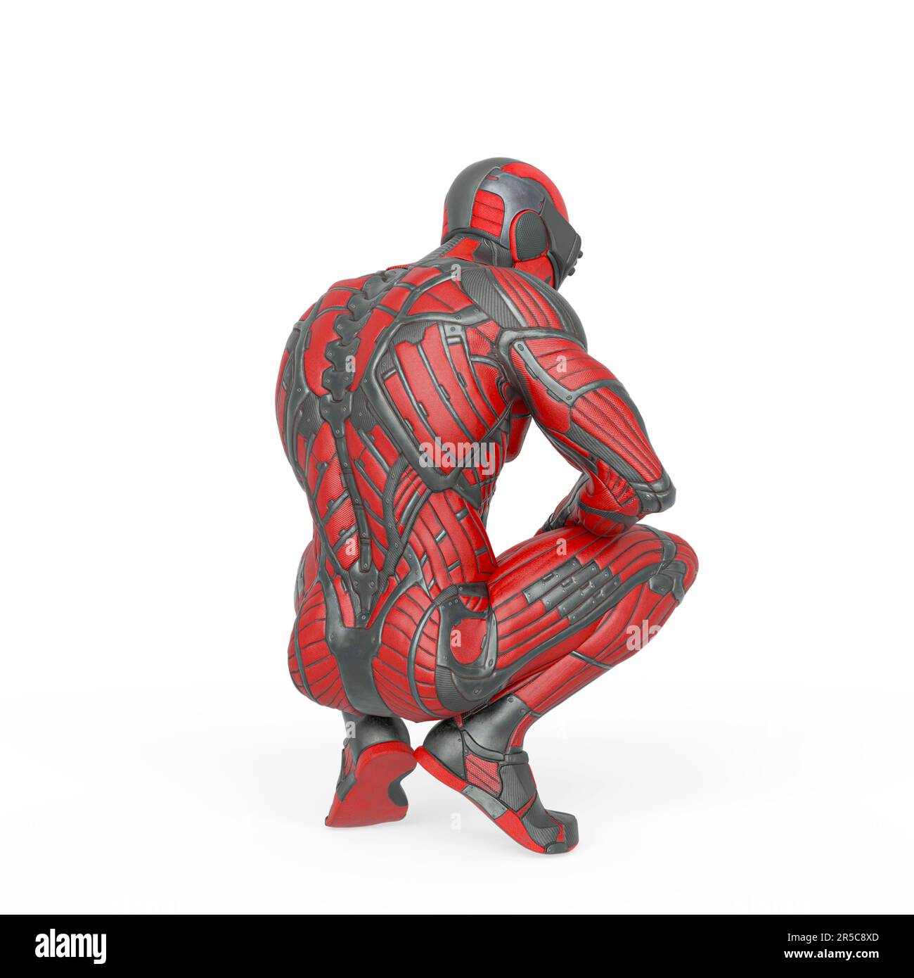 super hero in an exosuit is crouching rear view, 3d illustration Stock Photo