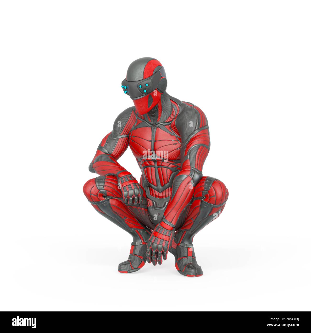 super hero in an exosuit is crouching and thinking about, 3d illustration Stock Photo