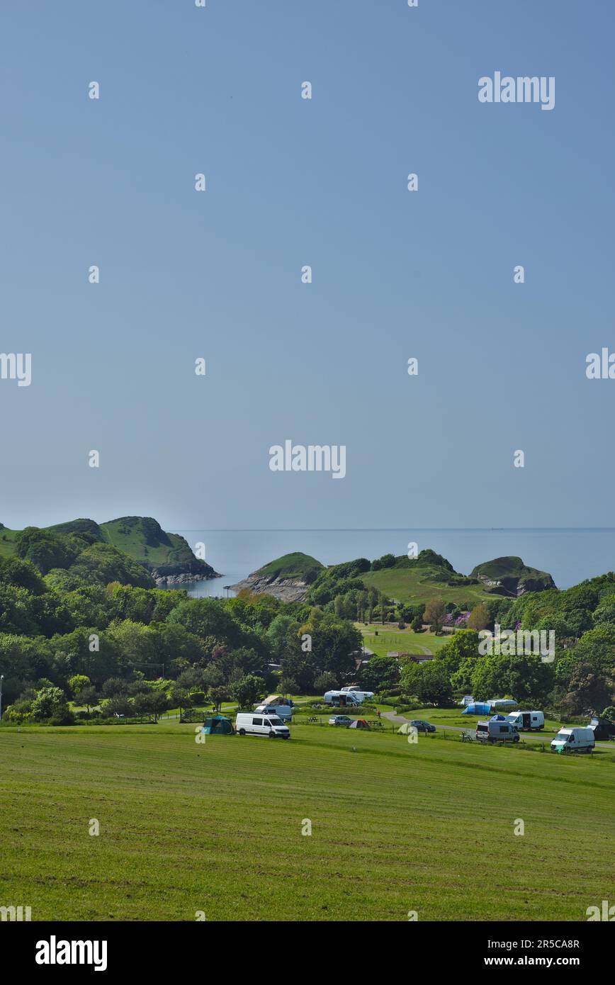 View over Watermouth Valley Camping Park to Watermouth Harbour, North Devon.UK Stock Photo