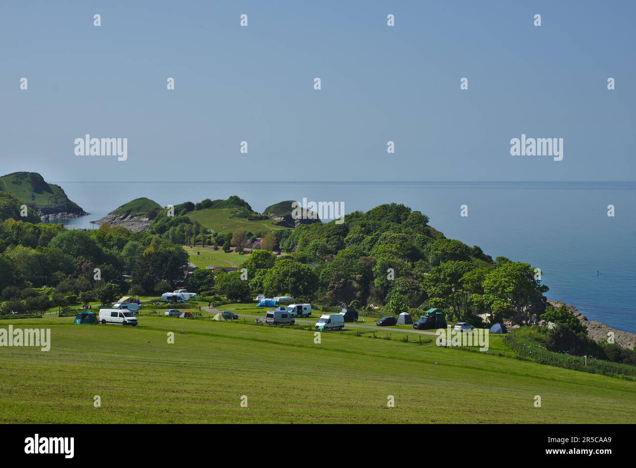 View over Watermouth Valley Camping Park to Watermouth Harbour, North Devon.UK Stock Photo