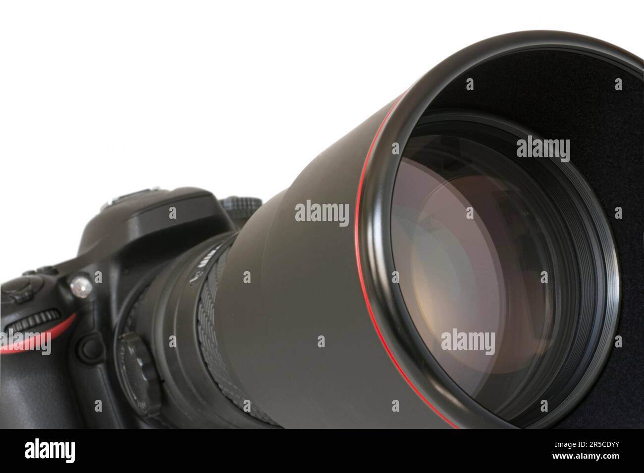 Isolated digital slr camera with telephoto lens Stock Photo