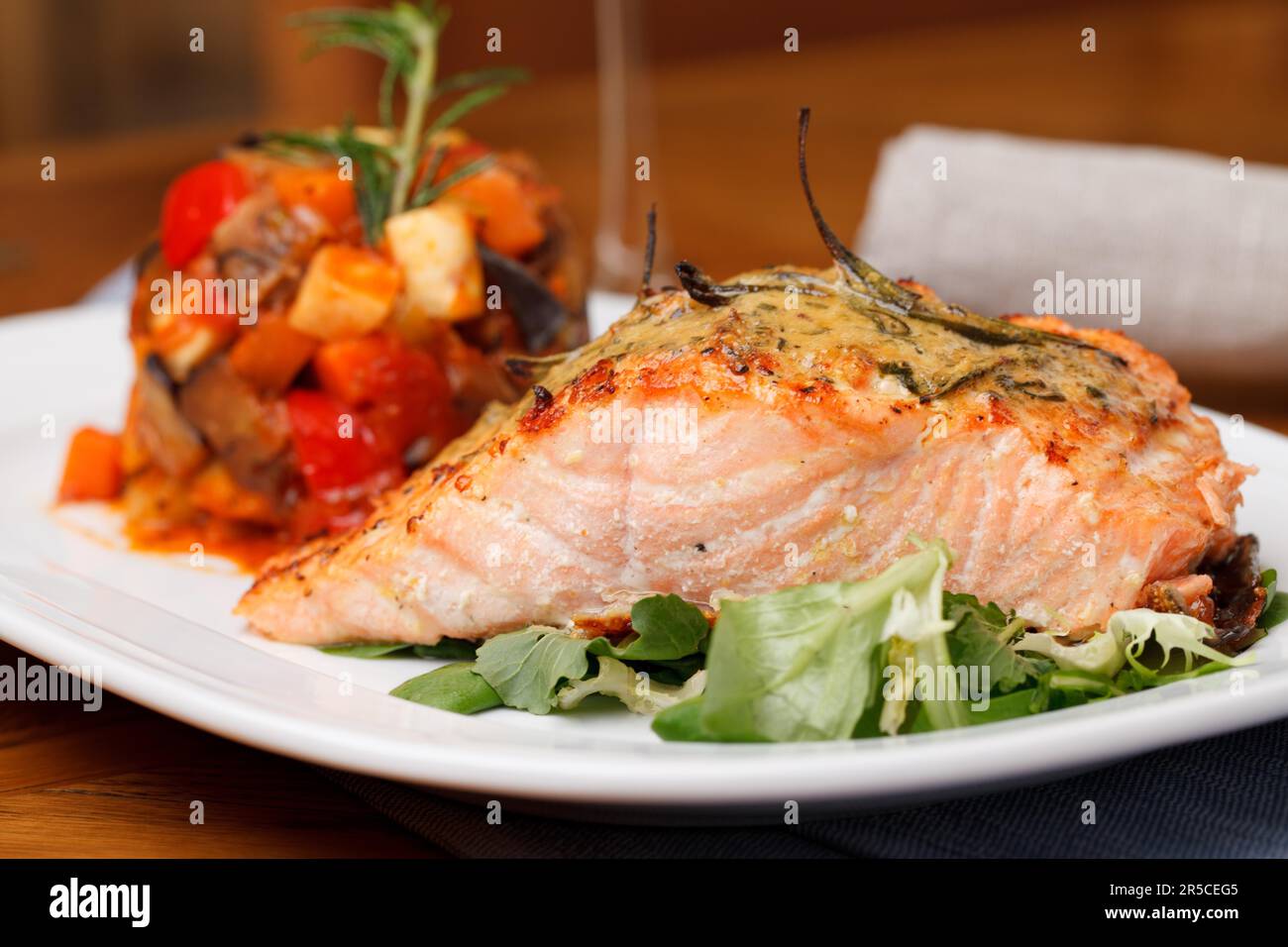 Grilled salmon fillet with ratatouille Stock Photo - Alamy