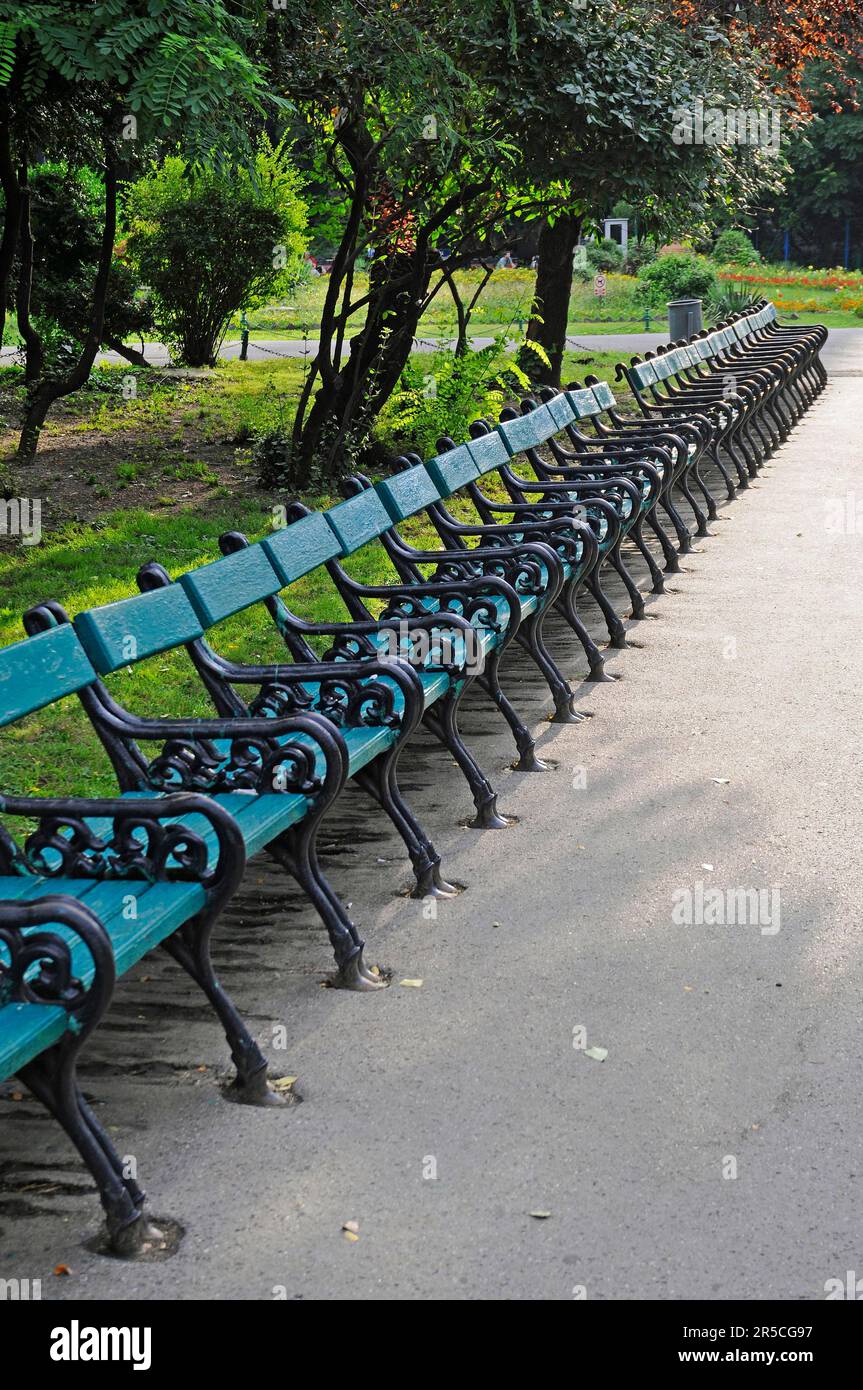 Park benches, Cismigiu Park, Bucharest, Romania Stock Photo