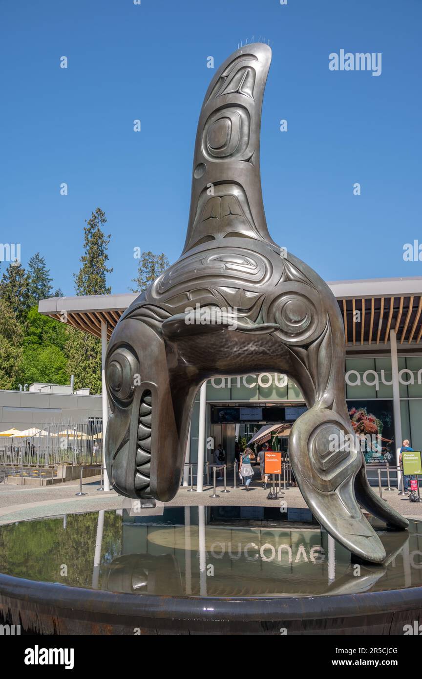 Vancouver, British Columbia - May 26, 2023: Haida art outside the popular Vancouver Aquarium attraction. Stock Photo