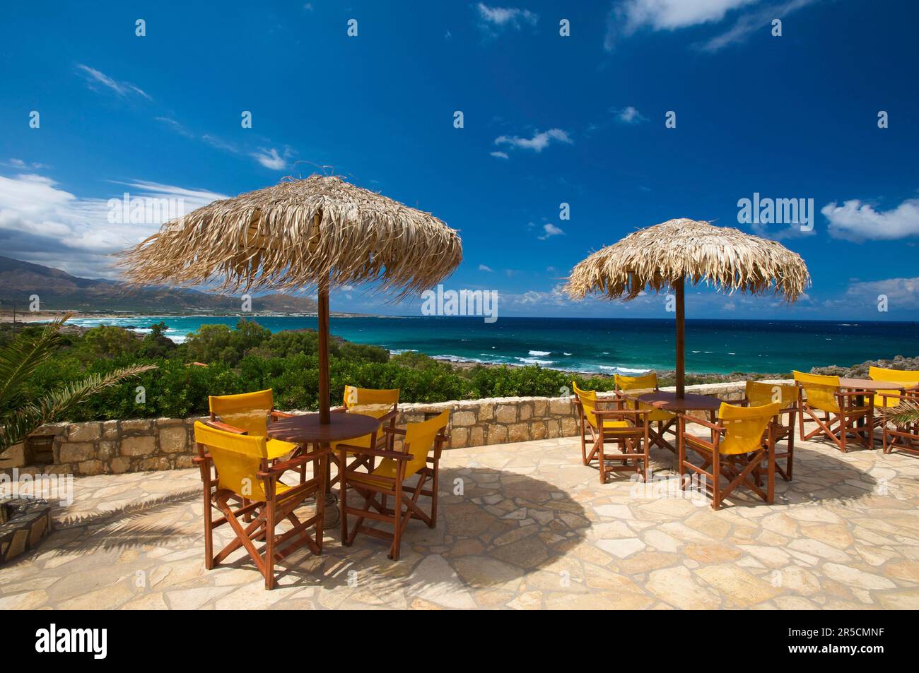 Restaurant at Falasarna Beach, West Coast, Crete, Greece Stock Photo