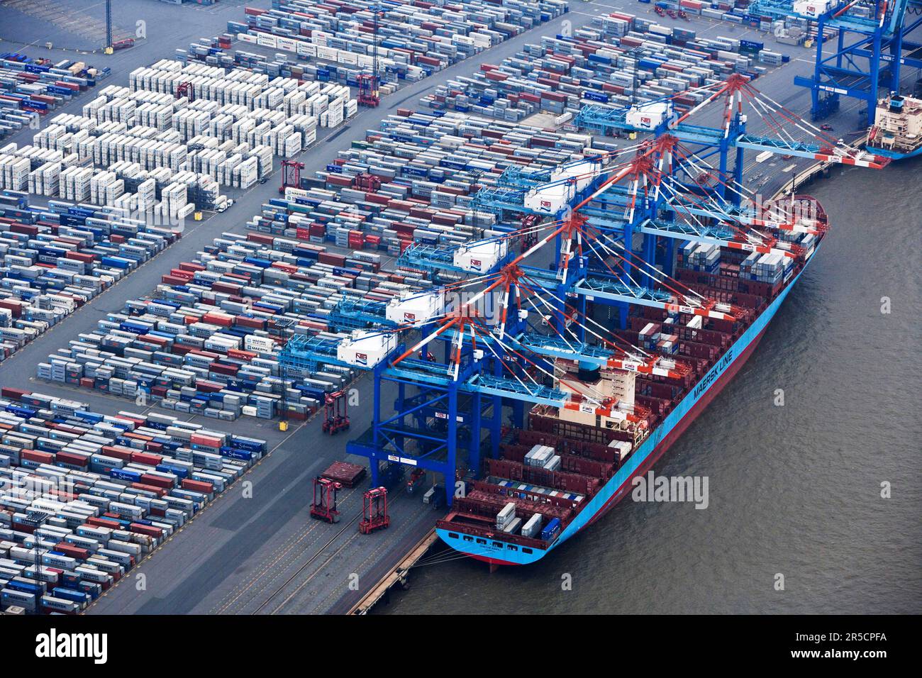 Container terminal, container ship being loaded, being unloaded, port, Bremerhaven, Germany Stock Photo