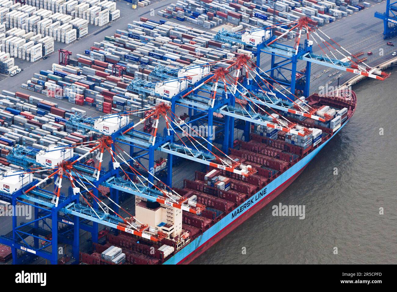 Container terminal, container ship being loaded, being unloaded, port, Bremerhaven, Germany Stock Photo