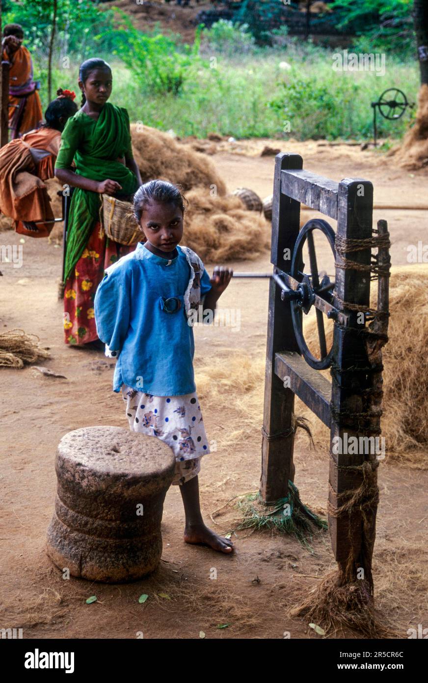 Child labour, rope making at Natham near Dindigul, Tamil Nadu, South India, India, Asia Stock Photo