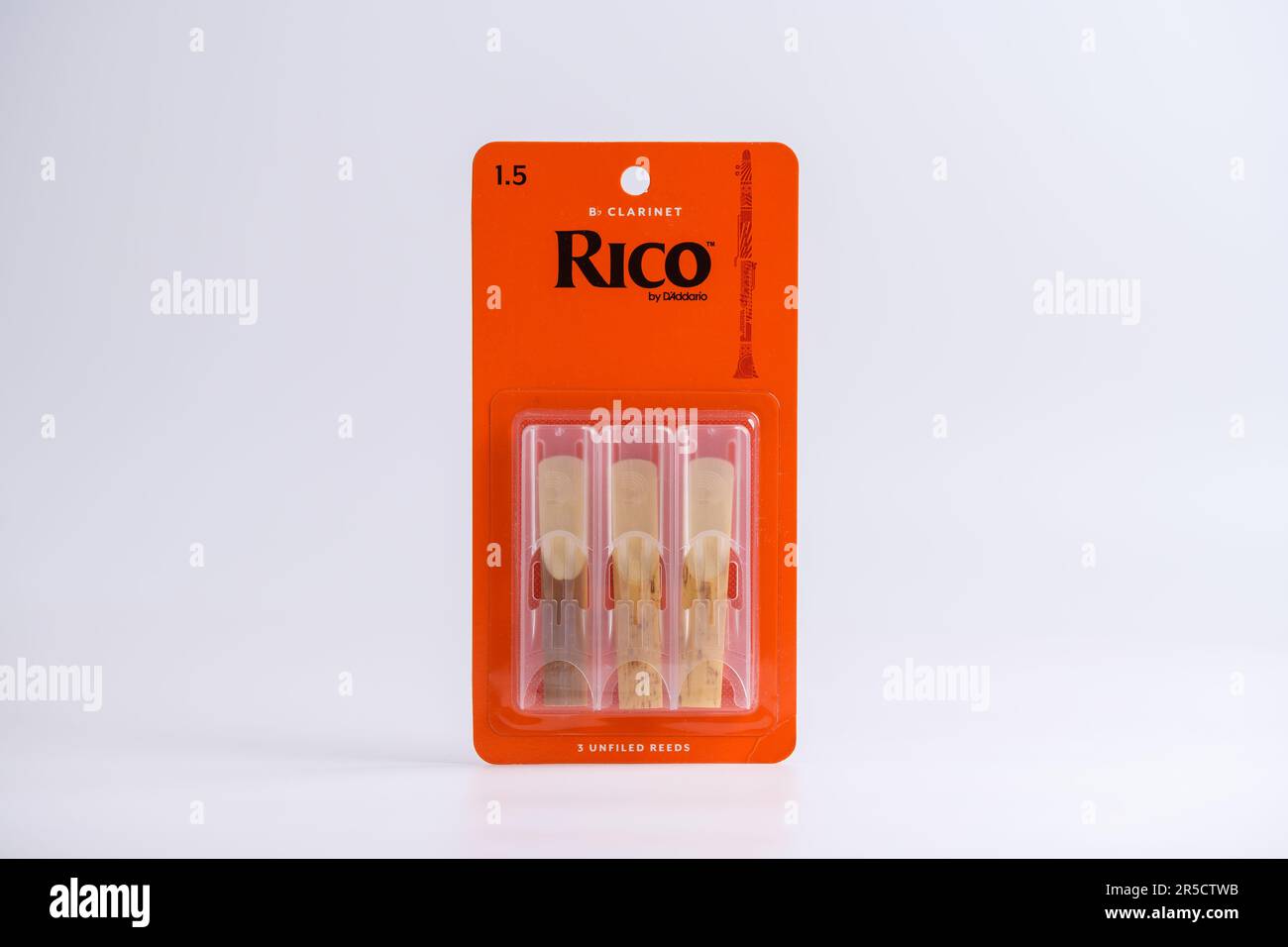 Rico RCA0315 Clarinet Reeds. Reed for Clarinet isoalted on white. Stafford, United Kingdom, June 2, 2023 Stock Photo
