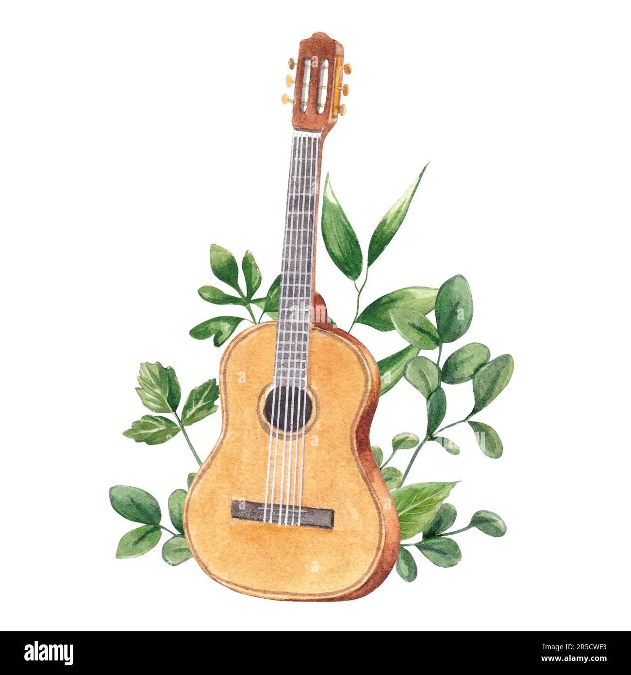 Classical guitar in leaves and greenery isolated on white background. Watercolor hand drawn illustration of a wooden stringed musical instrument. Clip Stock Photo