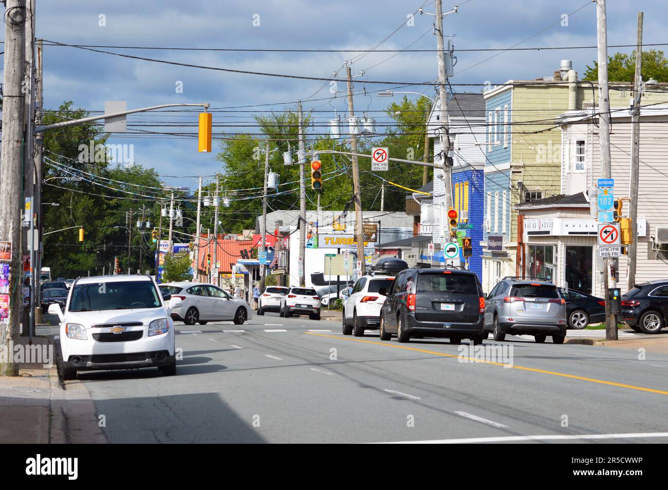 View of Quinpool Road in Halifax, Nova Scotia, looking toward the intersection with Oxford Street (2022) Stock Photo