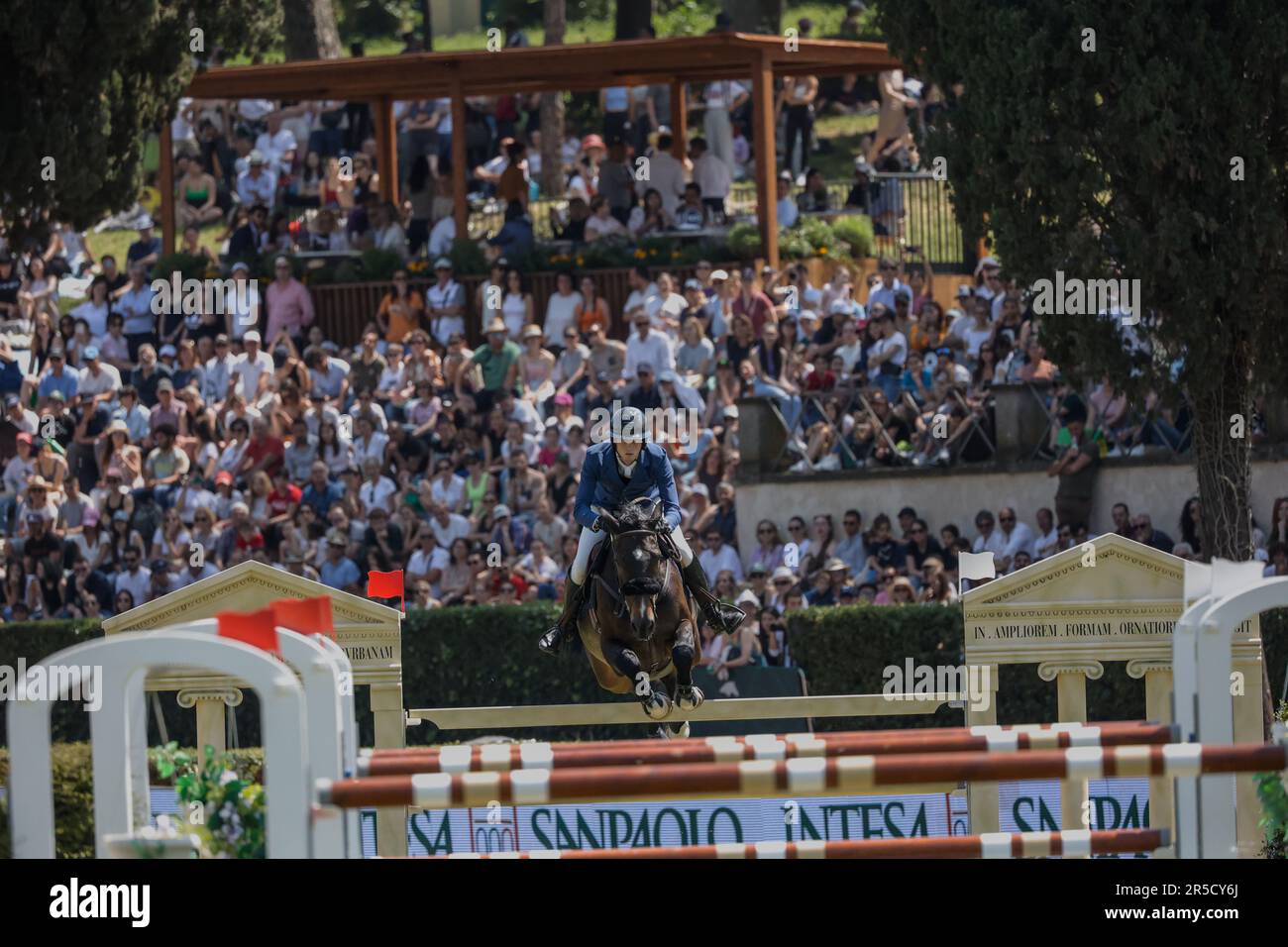 Rome, Italy - 28th May, 2023: ROME ROLEX GRAND PRIX 2023 INTERNATIONAL, Equestrian jumping, Piazza di Siena. First round, horse rider Martin Fuchs (SUI) in action on playground during competition. Stock Photo