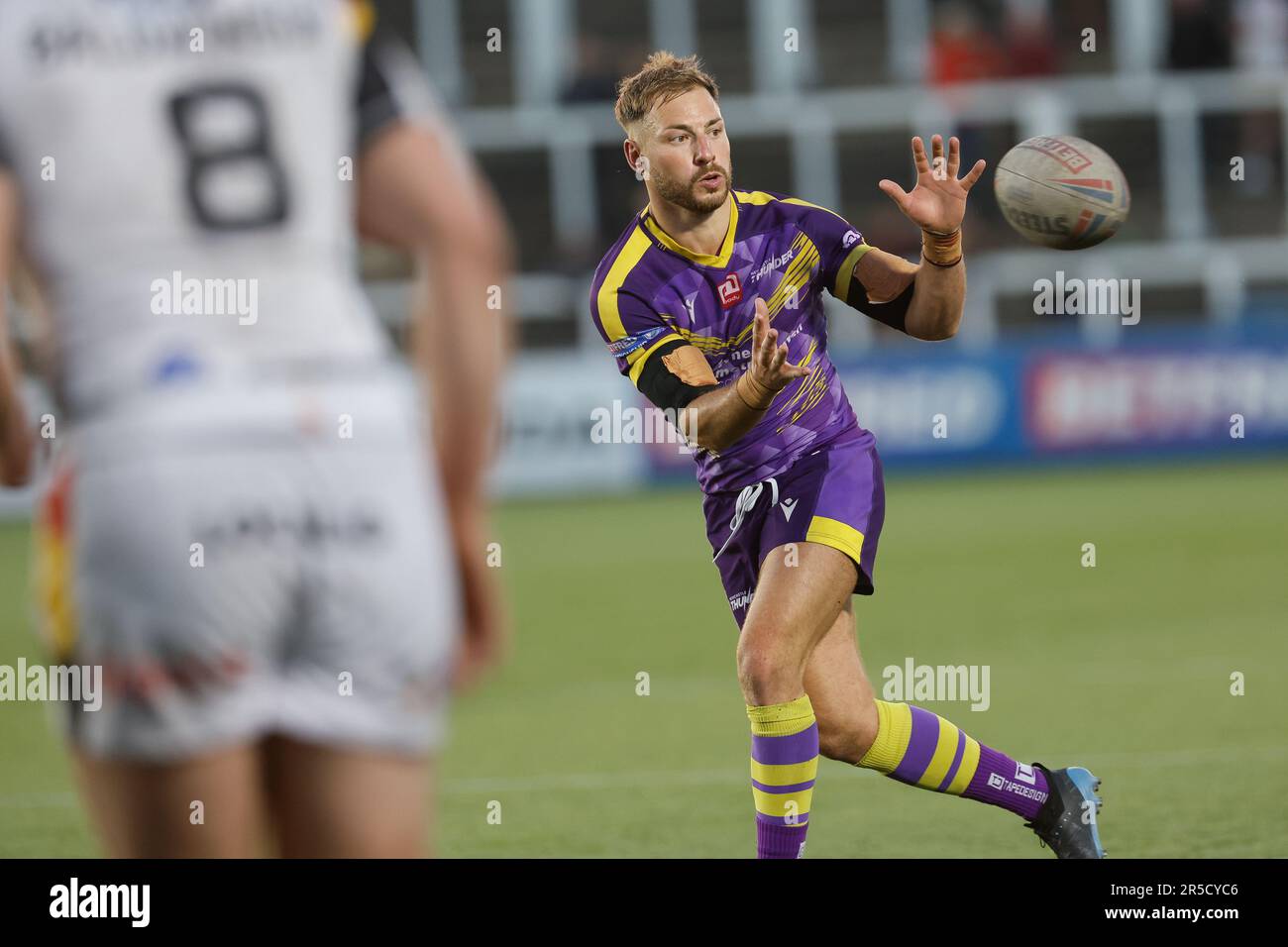 Newcastle, UK. 02nd June, 2023. Jack Miller of Newcastle Thunder collects a pass during the BETFRED Championship match between Newcastle Thunder and Bradford Bulls at Kingston Park, Newcastle on Friday 2nd June 2023. (Photo: Chris Lishman | MI News) Credit: MI News & Sport /Alamy Live News Stock Photo