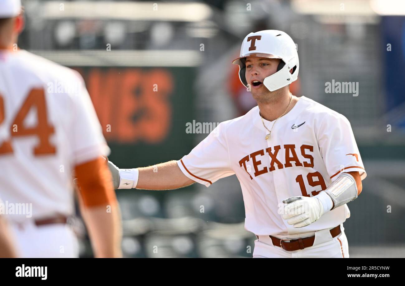 June 10 2023 Palo Alto CA U.S.A. Texas infielder Mitchell Daly (19),Texas  catcher / third base Peyton Powell (15),Texas infielder Jack O'Dowd (27)and  Texas infielder Jared Thomas (9)looks on as the new