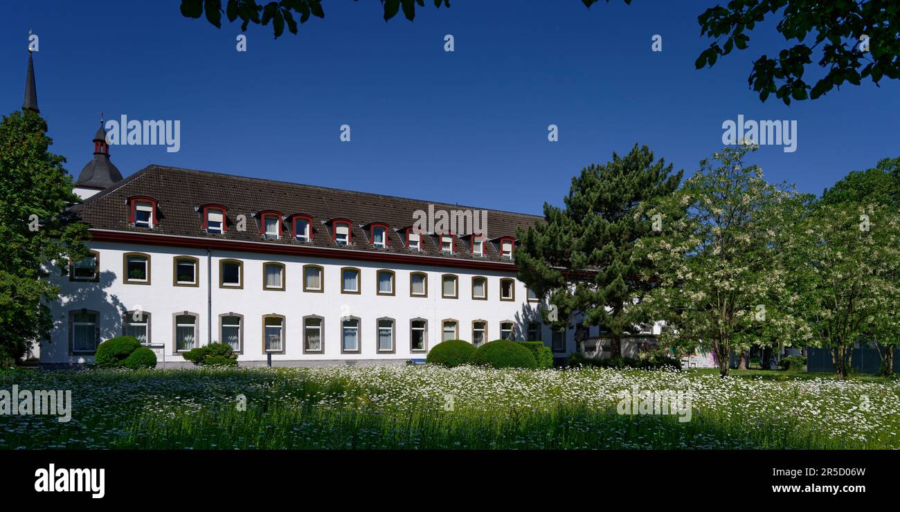 house of the st. heribert old people's home of caritas in cologne deutz in front of a blooming spring meadow Stock Photo