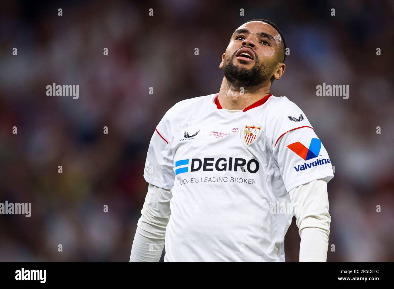 Budapest, Hungary. 31 May 2023. Youssef En-Nesyri of Sevilla FC looks dejected during the UEFA Europa League final football match between Sevilla FC and AS Roma. Credit: Nicolò Campo/Alamy Live News Stock Photo
