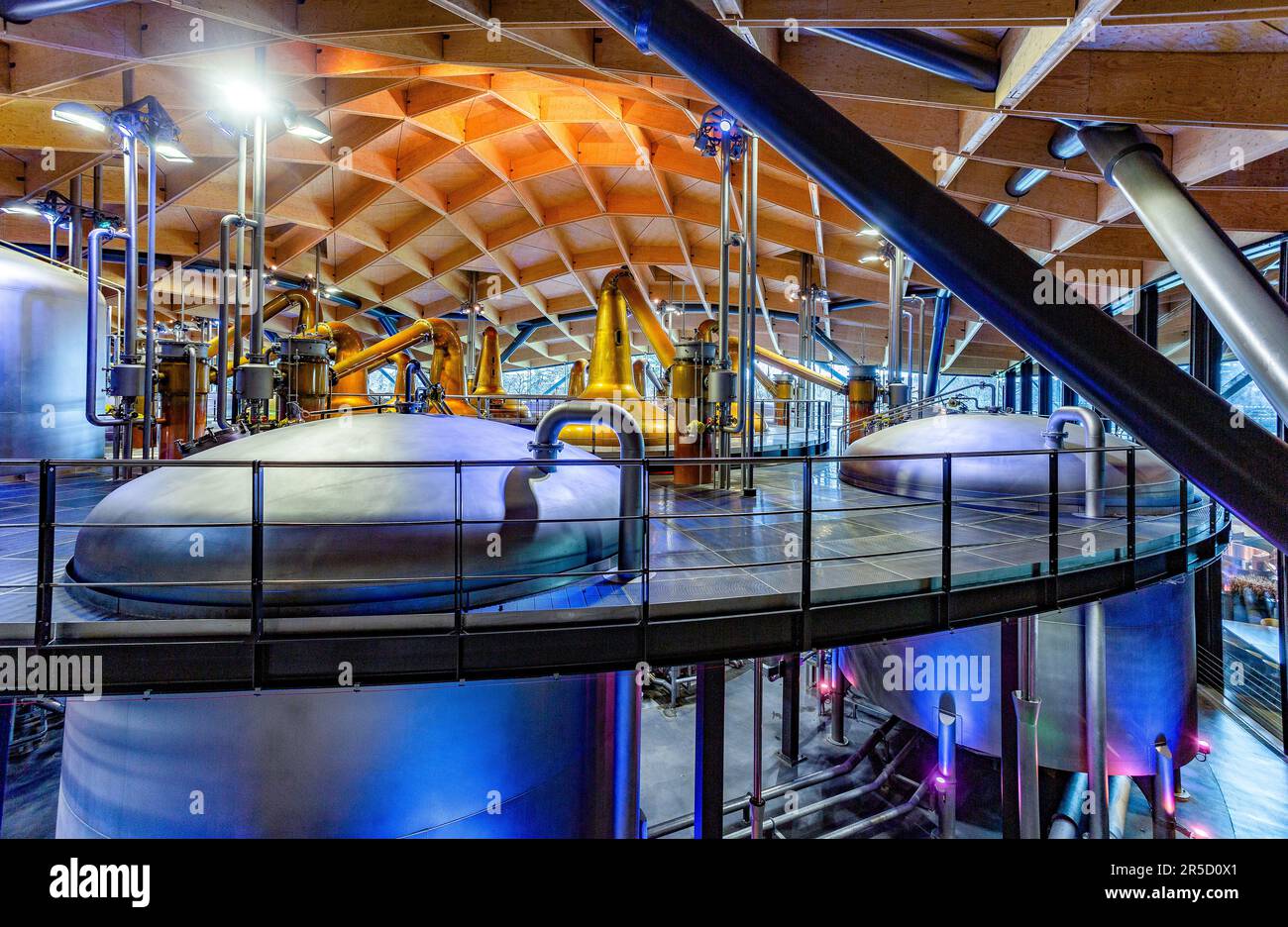 Interior of new Scotch Whisky distillery at The Macallan distillery in Craigellachie in Moray, Scotland, Stock Photo