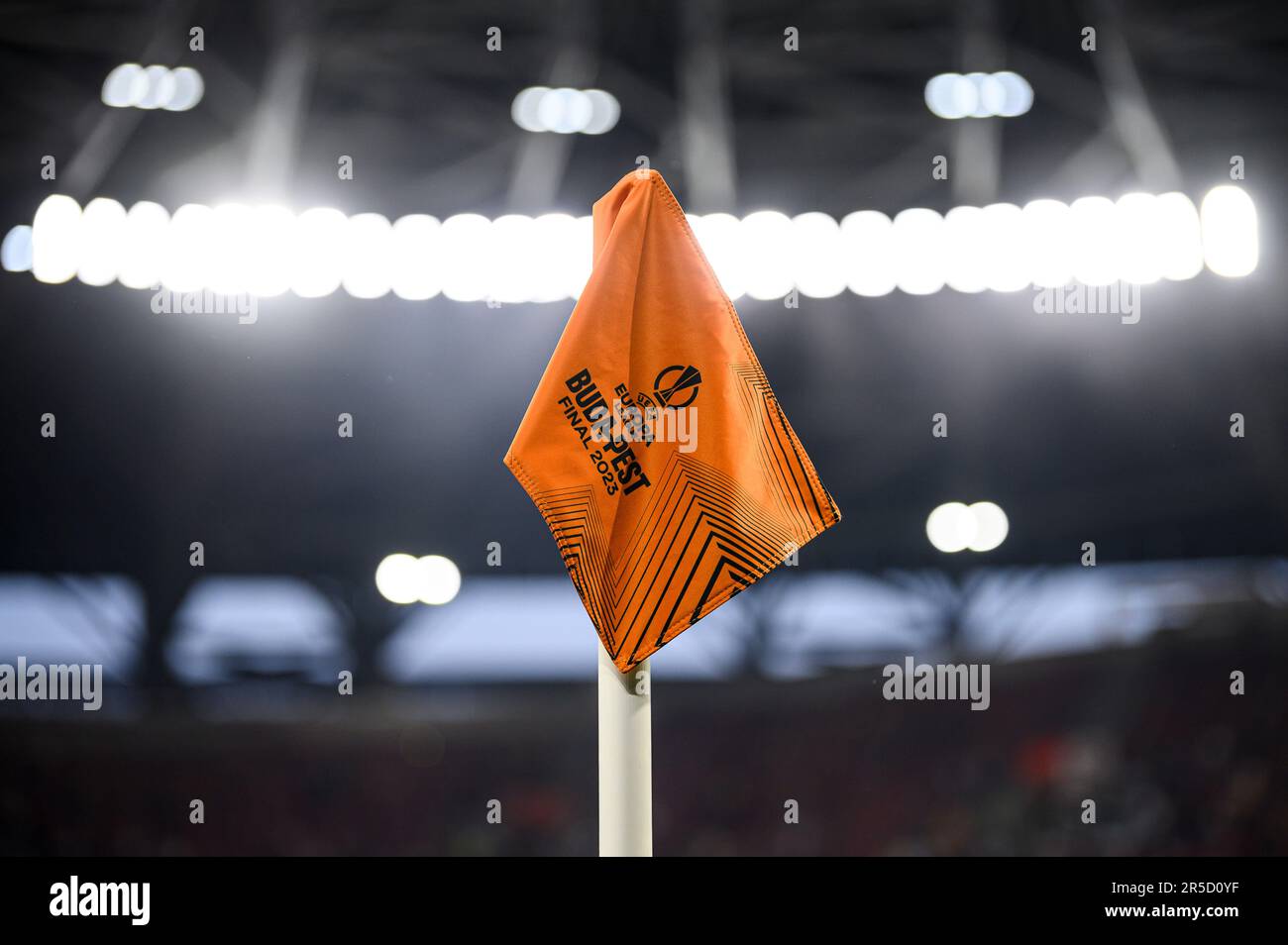 Budapest, Hungary. 31 May 2023. A corner flag bearing the logo of the UEFA Europa League Final Budapest 2023 ise seen prior to the UEFA Europa League final football match between Sevilla FC and AS Roma. Credit: Nicolò Campo/Alamy Live News Stock Photo