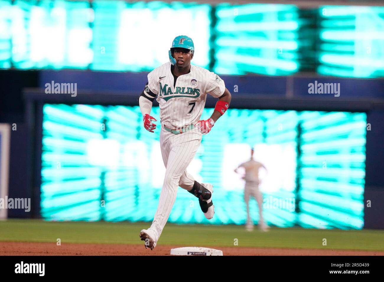 Miami Marlins' Jesus Sanchez (7) runs the bases after hitting a tworun home run during the