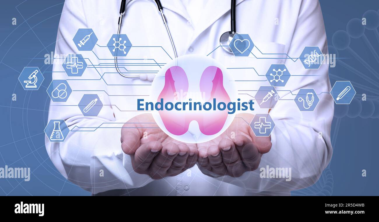 Endocrinologist holding thyroid illustration surrounded by icons on light blue background