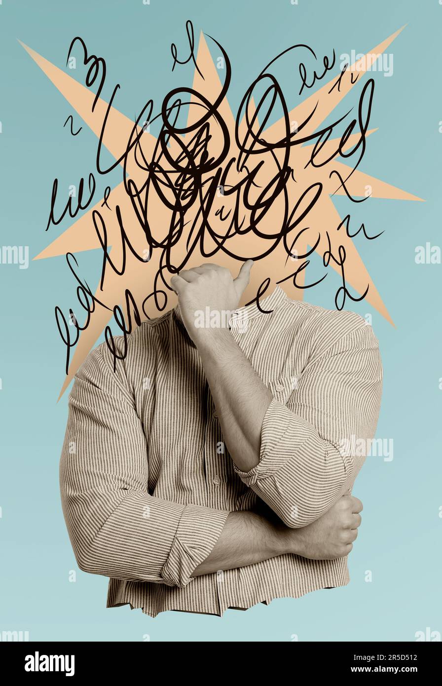 Creative artwork. Overflowing with ideas and thoughts. Man with explosion and doodles instead of head on light blue background Stock Photo