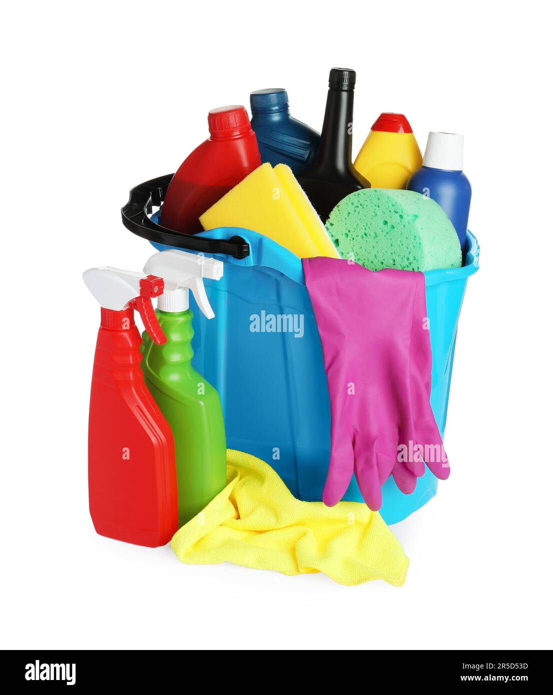 Light blue bucket and many different car wash products on white