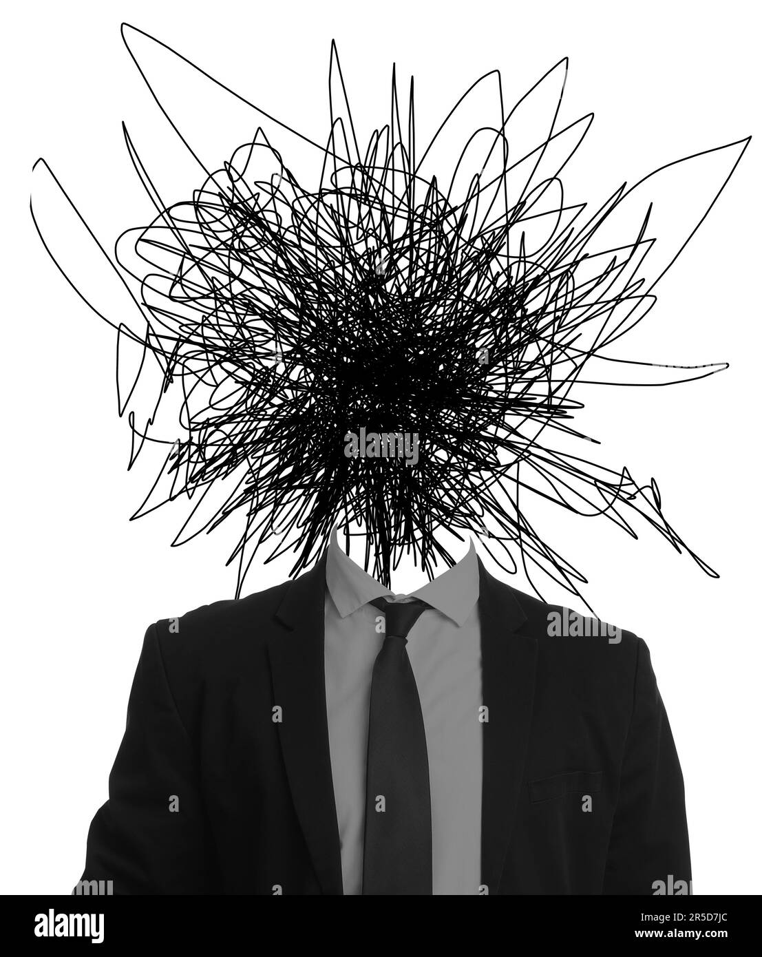 Creative artwork. Mess in head. Man with doodles instead of head on white background Stock Photo