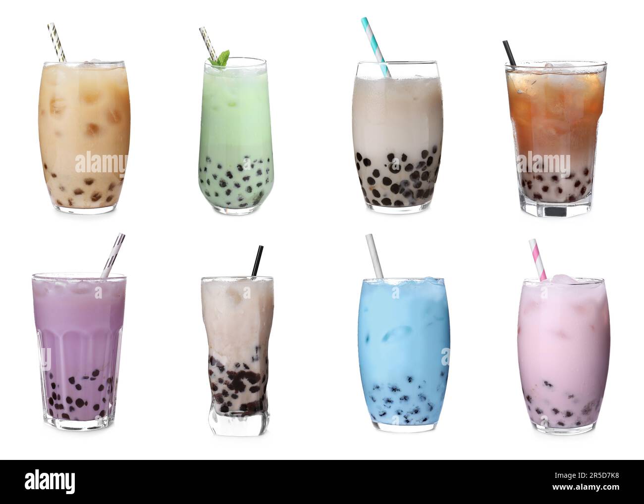 Set with different flavors of bubble tea on white background Stock Photo Alamy