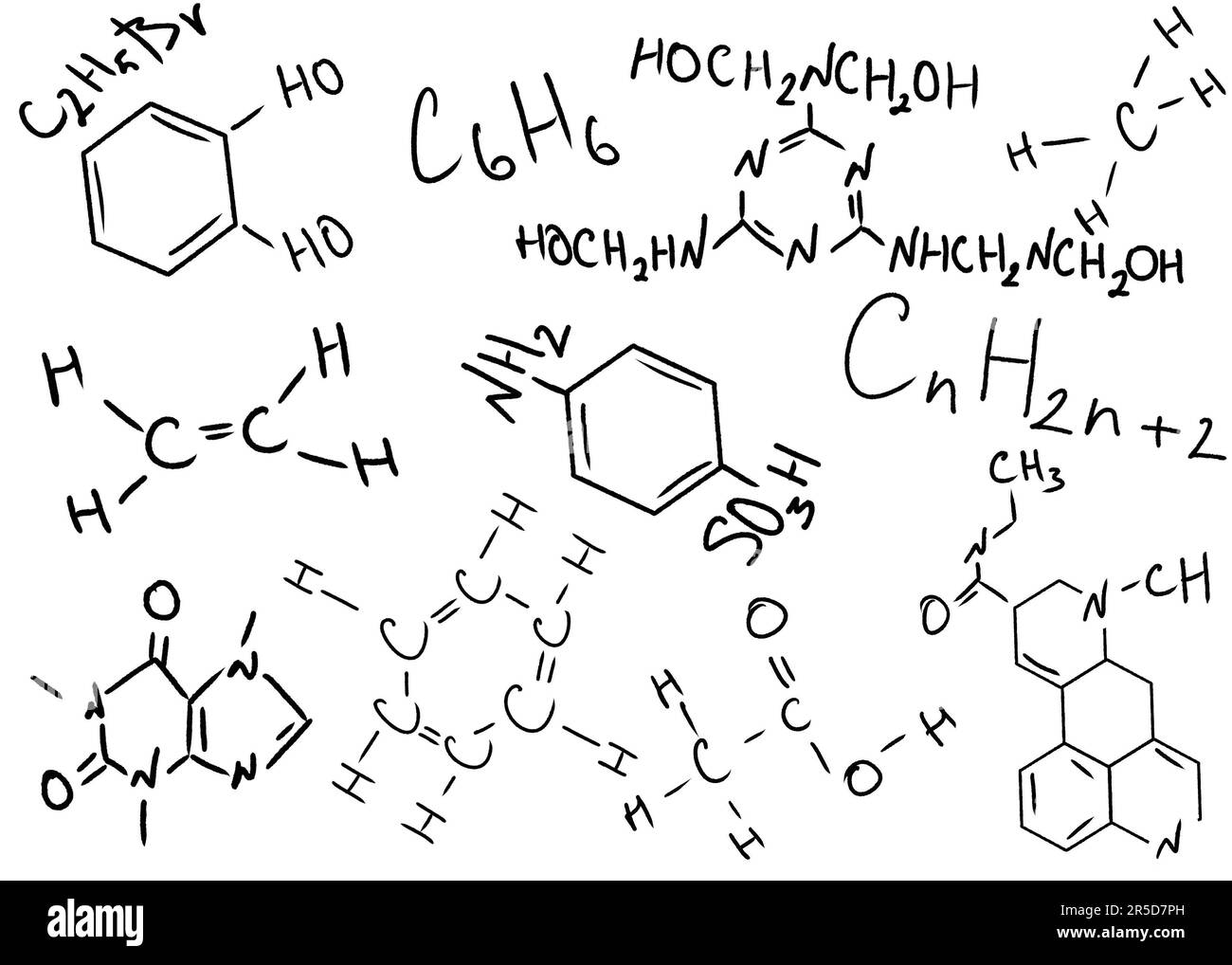 Different chemical formulas and reactions on white background Stock Photo