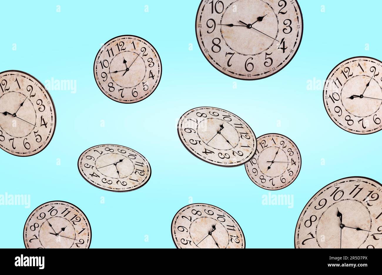 Many stylish clocks falling on light blue background Stock Photo Alamy