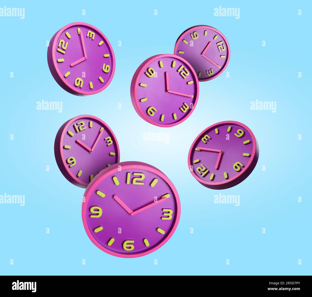 Many clocks falling on light blue background Stock Photo Alamy