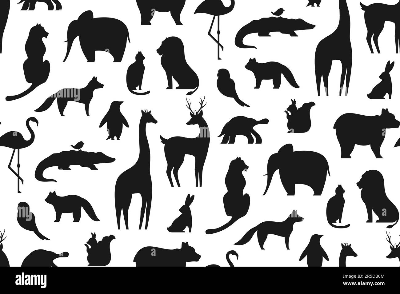 Animal silhouette seamless pattern. Shape parrot squirrel, frog