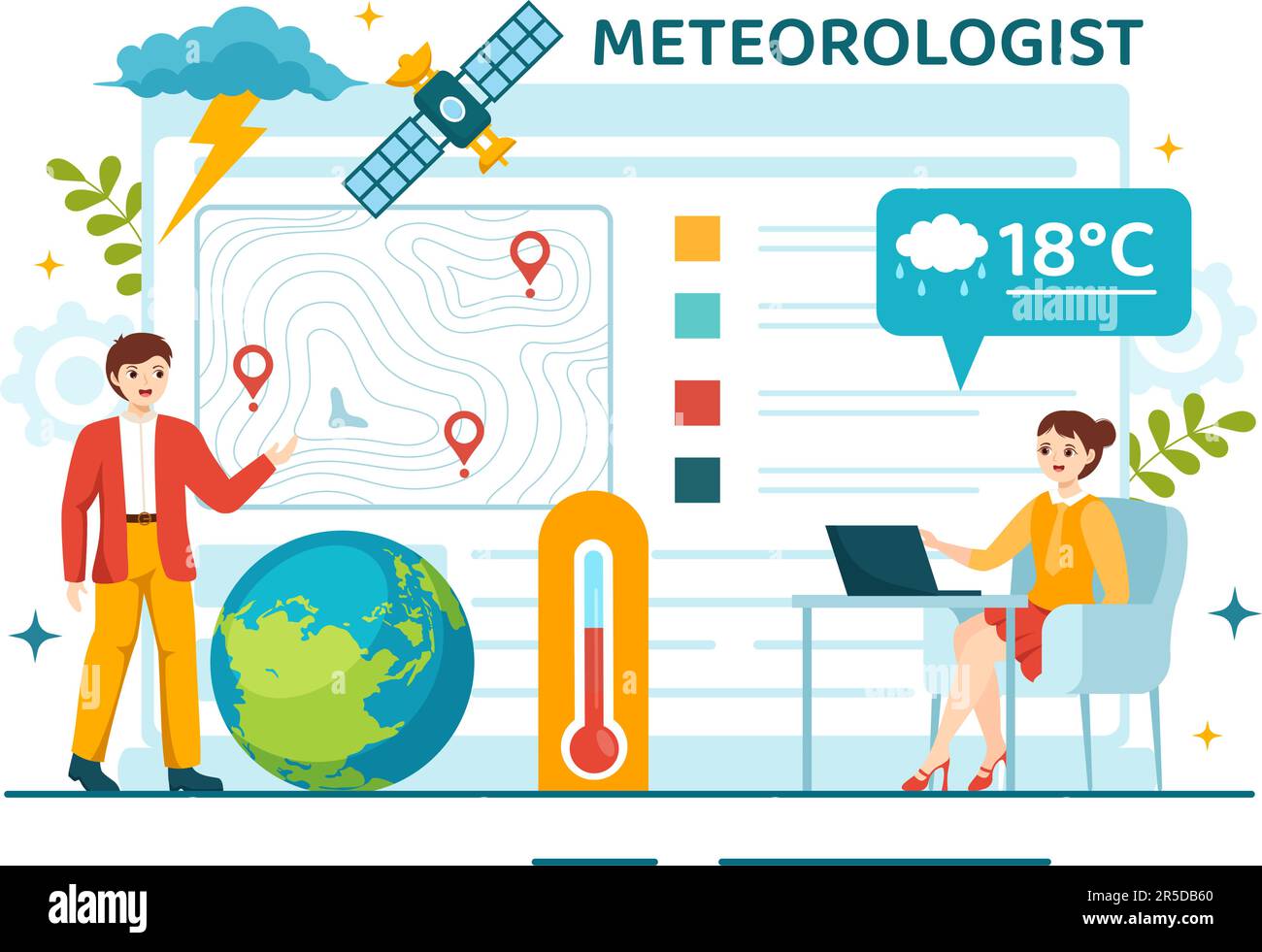 Meteorologist Vector Illustration with Weather Forecast and Atmospheric Precipitation Map in Flat Cartoon Hand Drawn Landing Page Templates Stock Vector