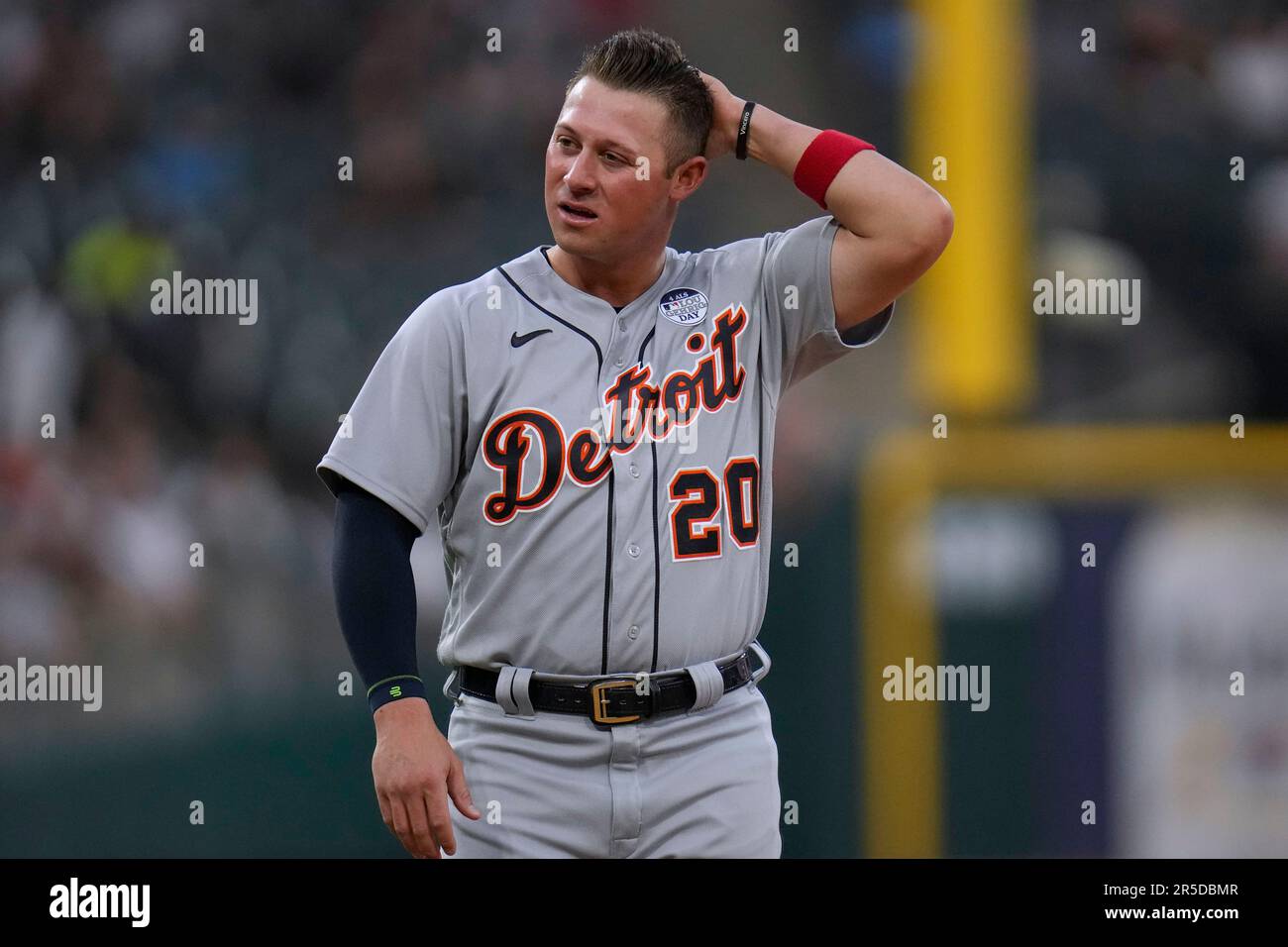 Detroit Tigers' Spencer Torkelson walks to his position at first after the  top of the fourth inning of the team's baseball game against the Chicago  White Sox on Friday, June 2, 2023