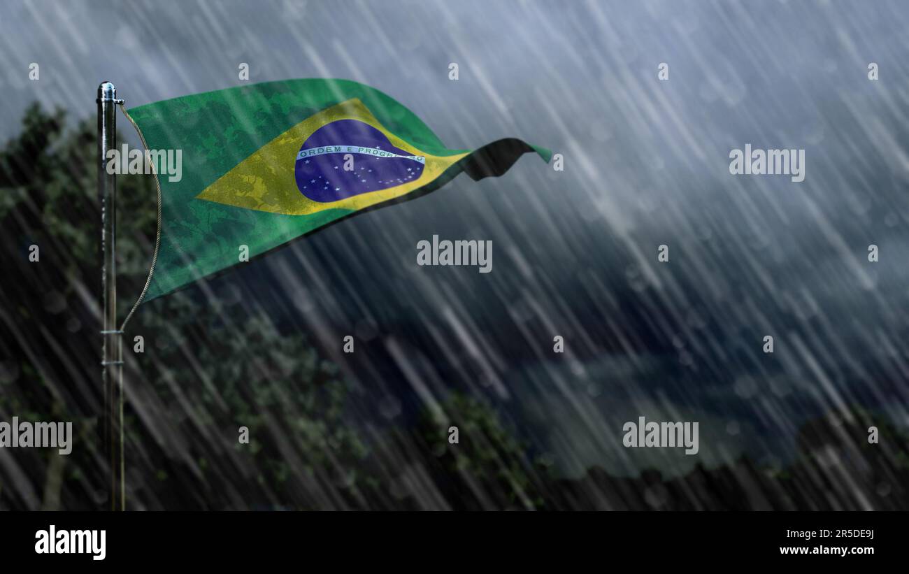 flag of Brazil with rain and dark clouds, windstorm forecast symbol - nature 3D illustration Stock Photo
