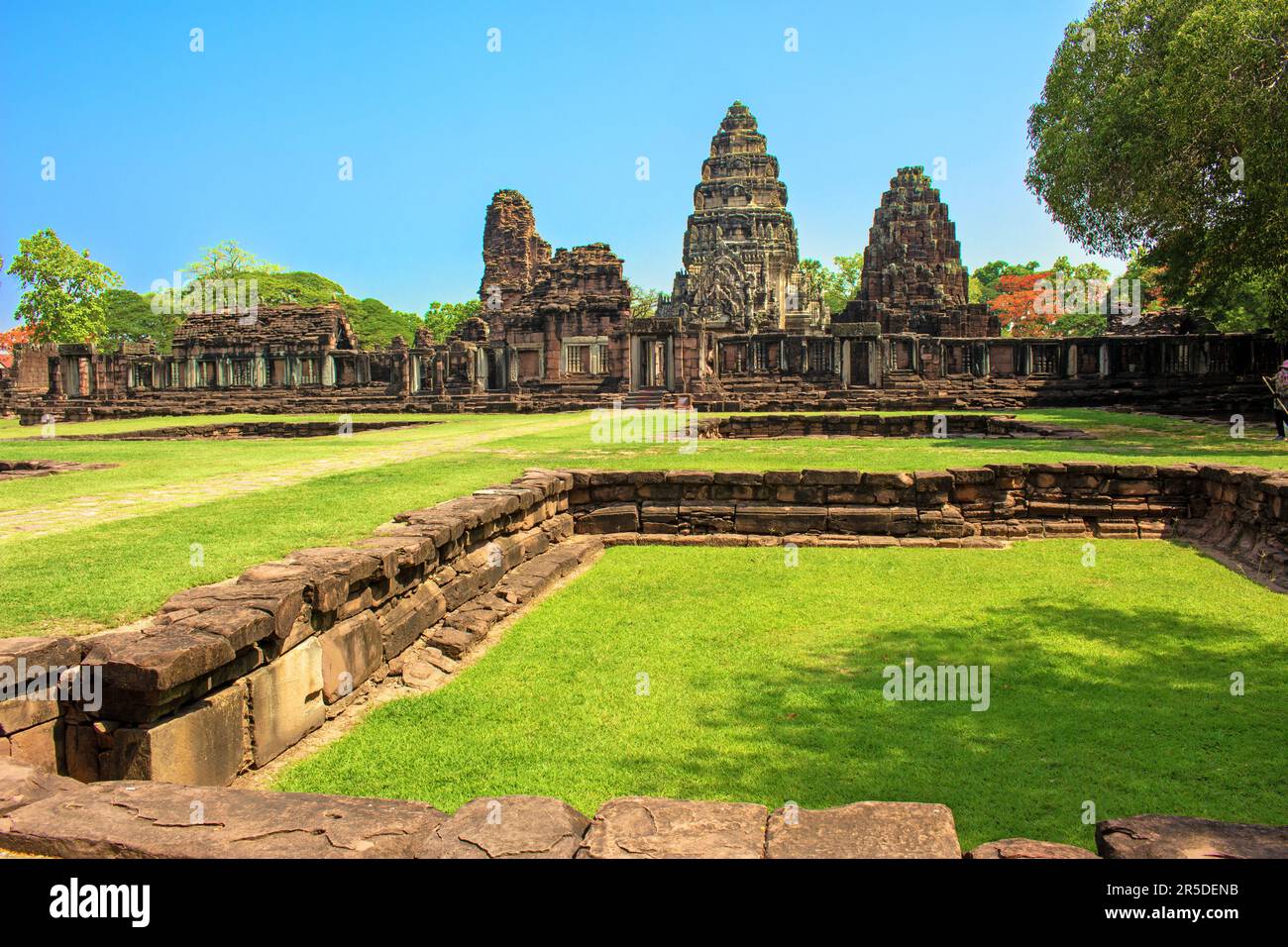 Phimai Historical Park khmer temple ruins front section just after entry to the lawns of the grand sanctuary precinct Stock Photo