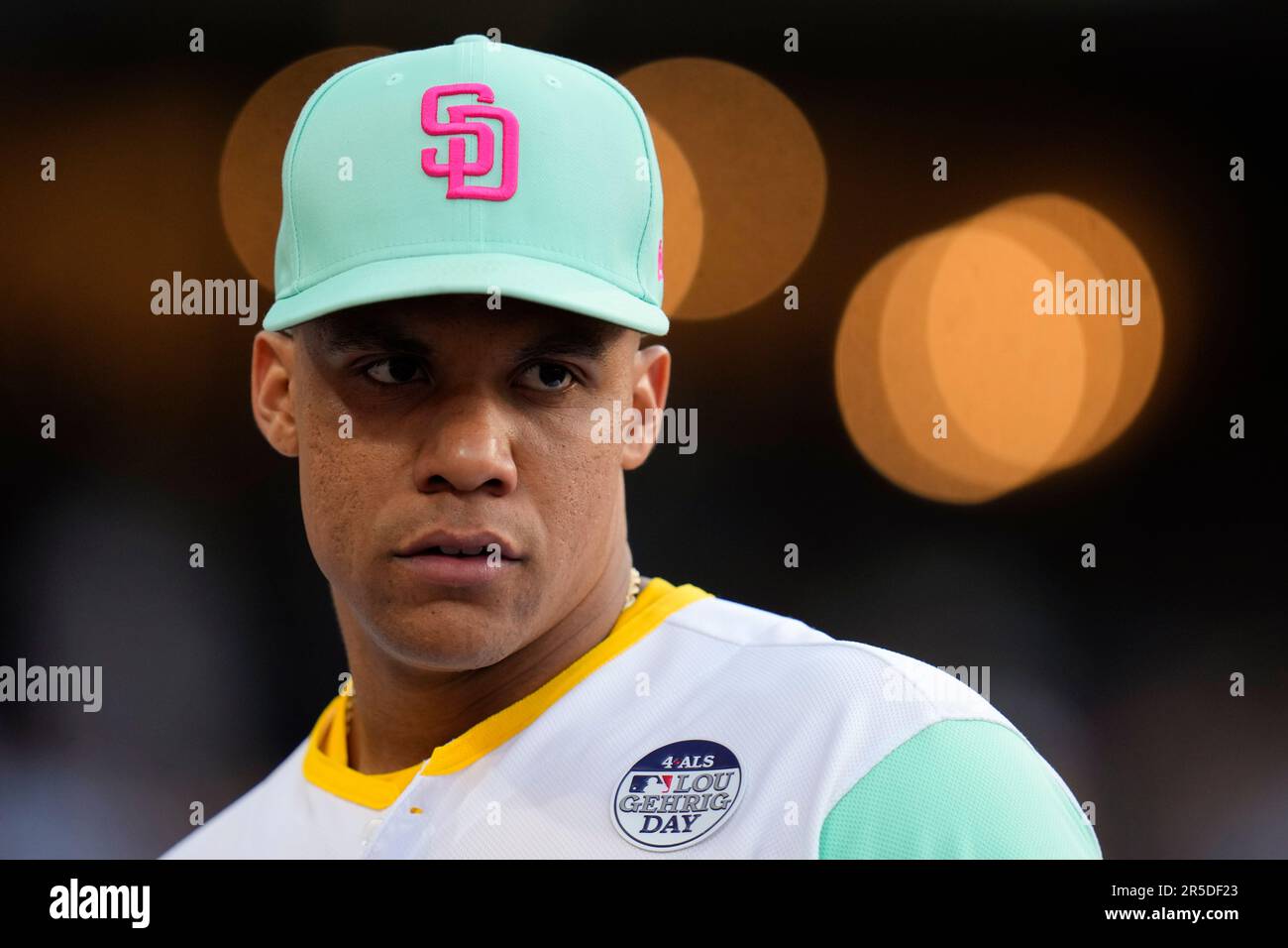 San Diego Padres left fielder Juan Soto wears a patch in honor of Lou  Gehrig Day during the second inning of a baseball game against the Chicago  Cubs, Friday, June 2, 2023