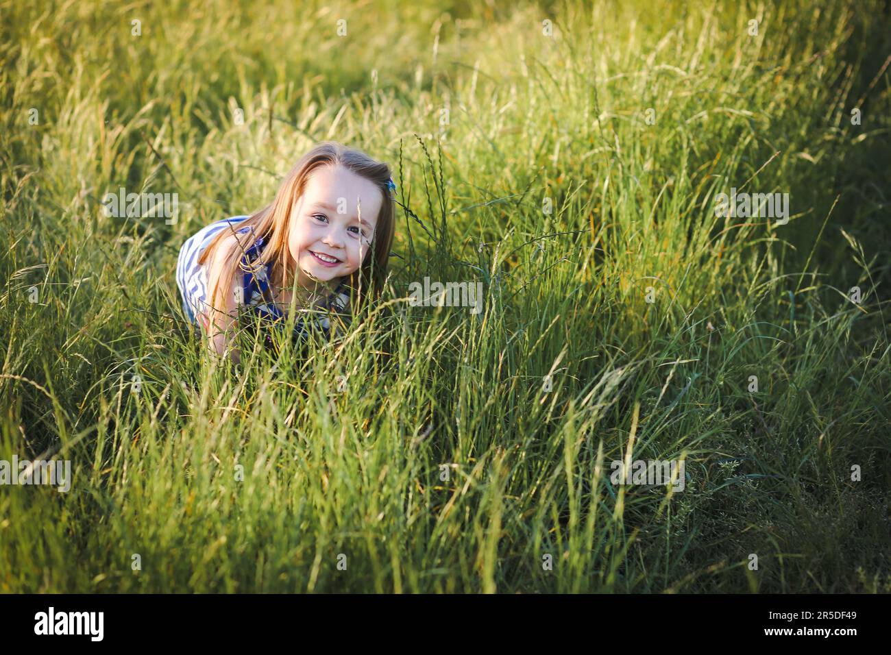 Happy little girl hiding in long grass at the park. Outdoor fun in