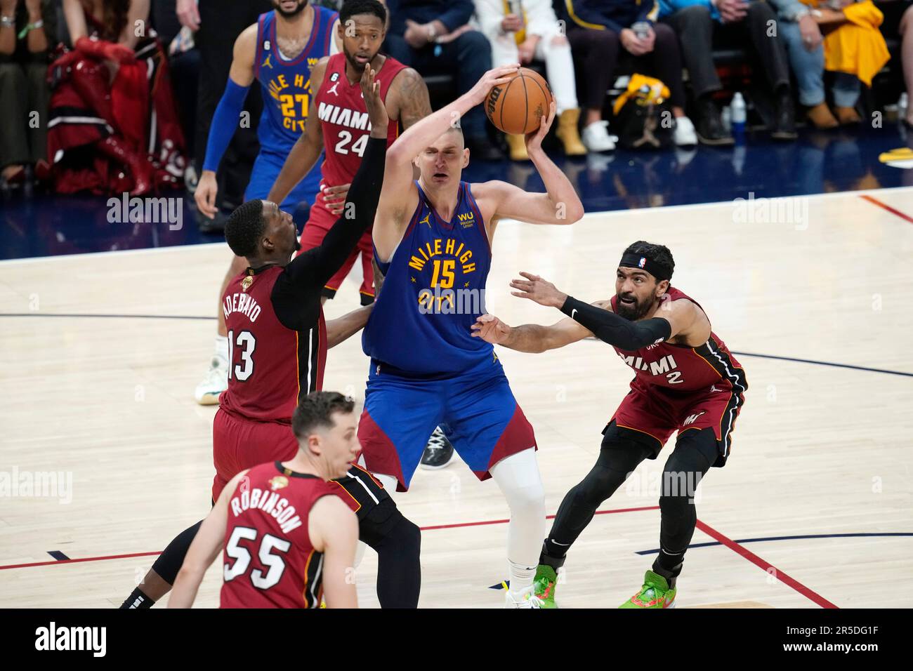 Denver Nuggets Center Nikola Jokic (15) Is Defended By Miami Heat ...