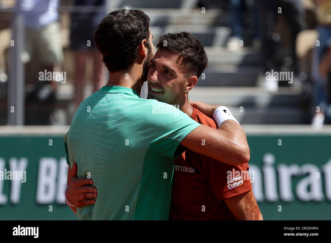 Paris, France. 02nd June, 2023. Karen Khachanov of Russia hugs Thanasi ...