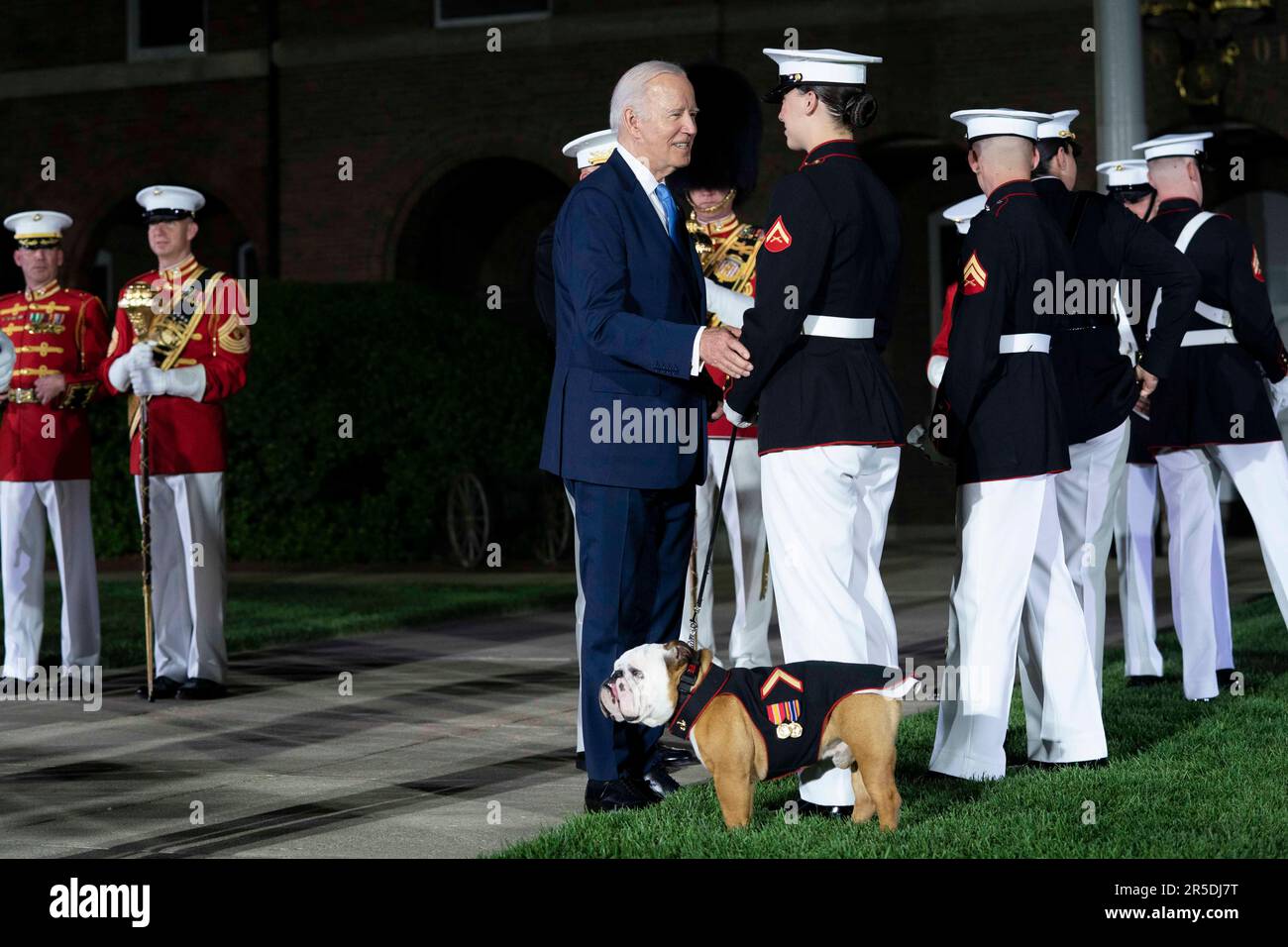 Washington, United States . 02nd June, 2023. President Joe Biden meets with Marines and their mascot, Chesty, after the Marine Barracks Friday Evening Parade at the Barracks in Washington, DC on Friday, June 2, 2023. Photo by Bonnie Cash/Pool/Sipa USA Credit: Sipa USA/Alamy Live News Stock Photo