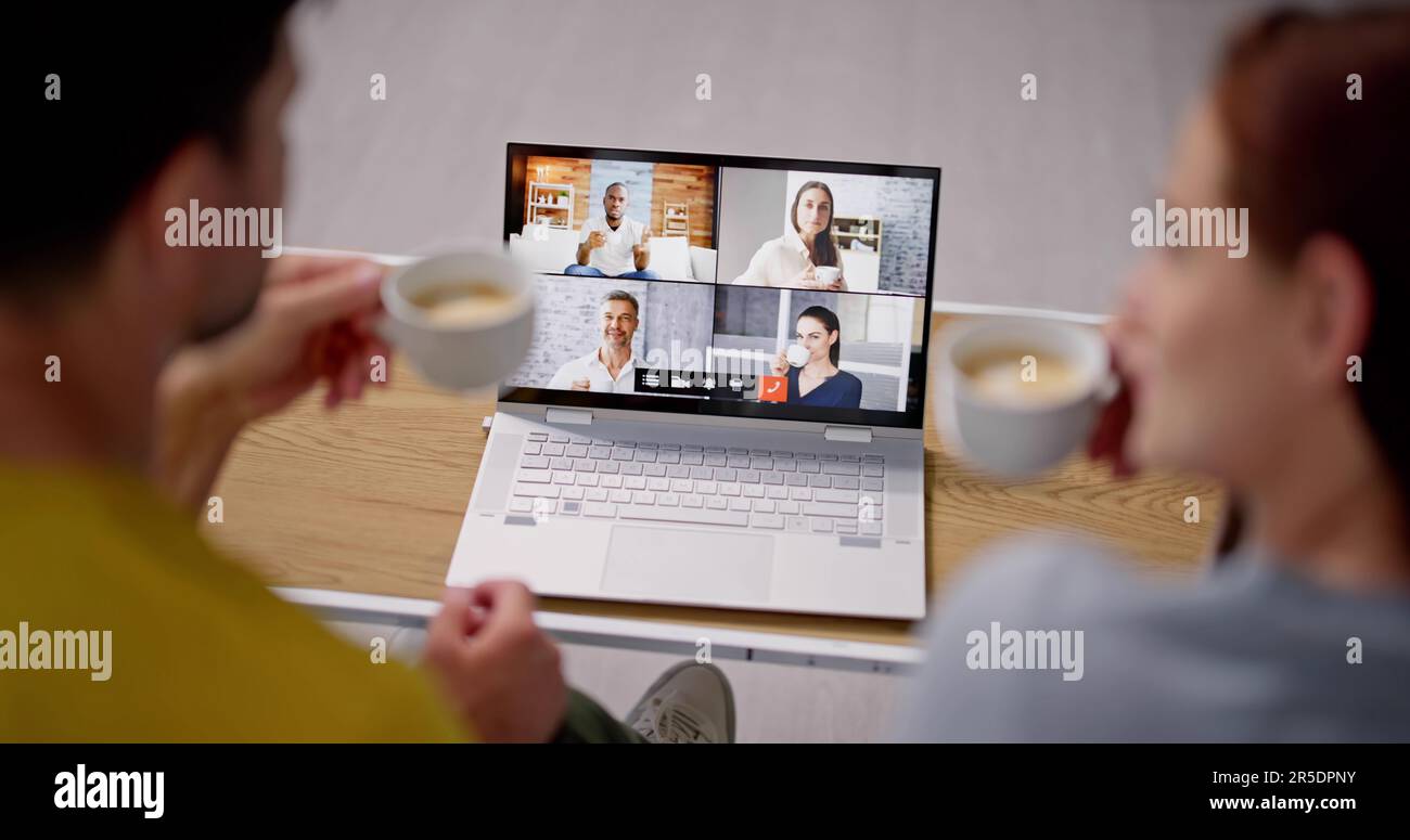 Virtual Video Conference Call Coffee Drinking Break Stock Photo