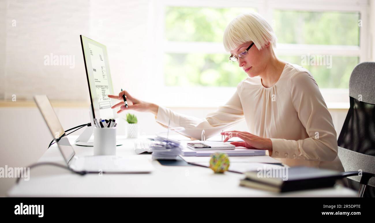 Accountant Using Computers Electronic Invoice Accountant Software On Computer. Vat Tax Calculation ...