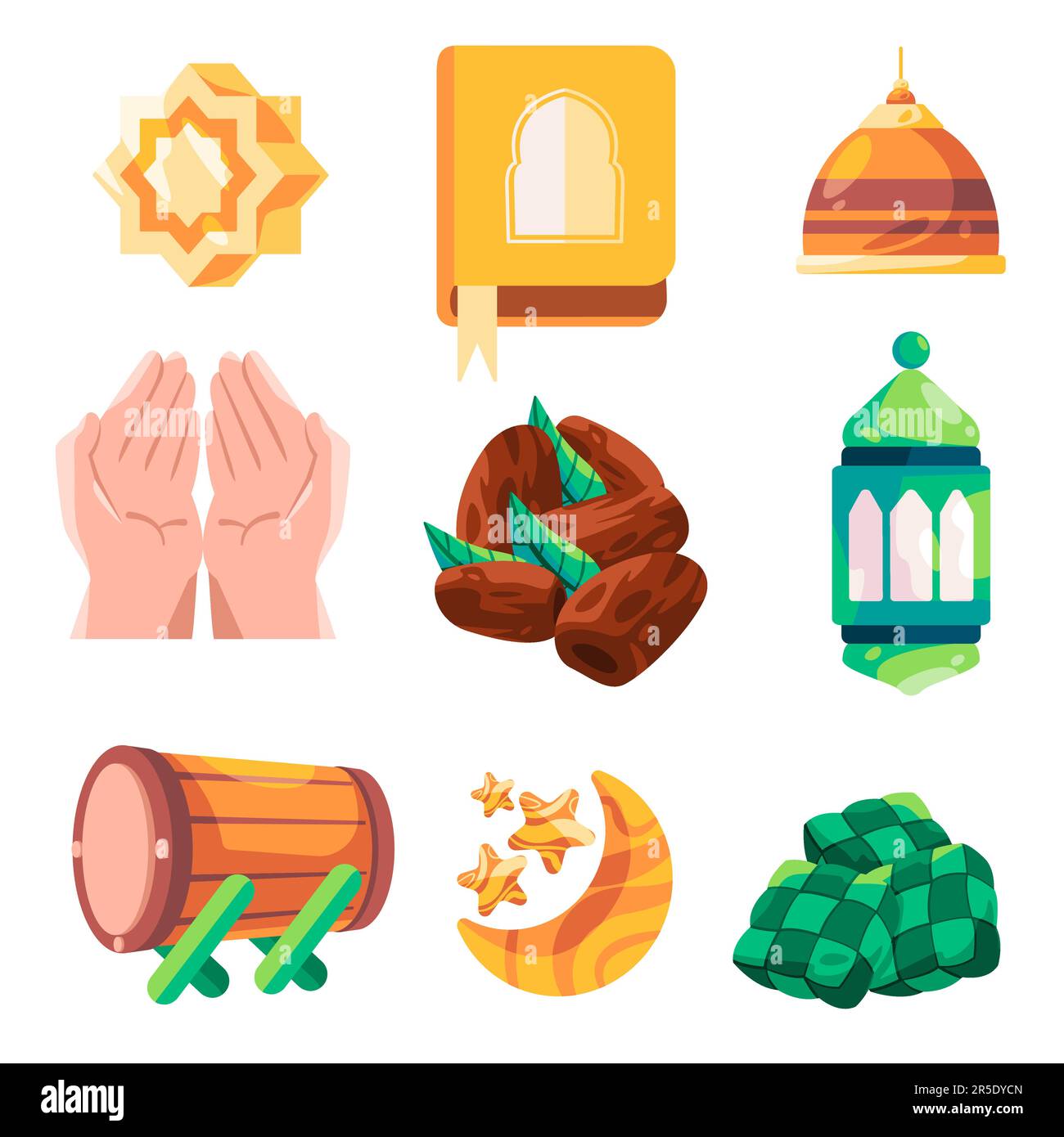Arabian Islam Ramadhan object set collection from Quran book dome mosque to mosque and ketupat religion muslim faith Stock Vector