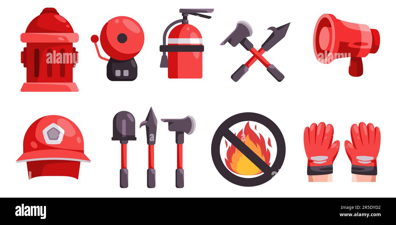 Firefighter tools collection set icon objects no fire sign megaphone shovel fire axe helmet alarm hydrant and fire extinguisher emergency protection Stock Vector