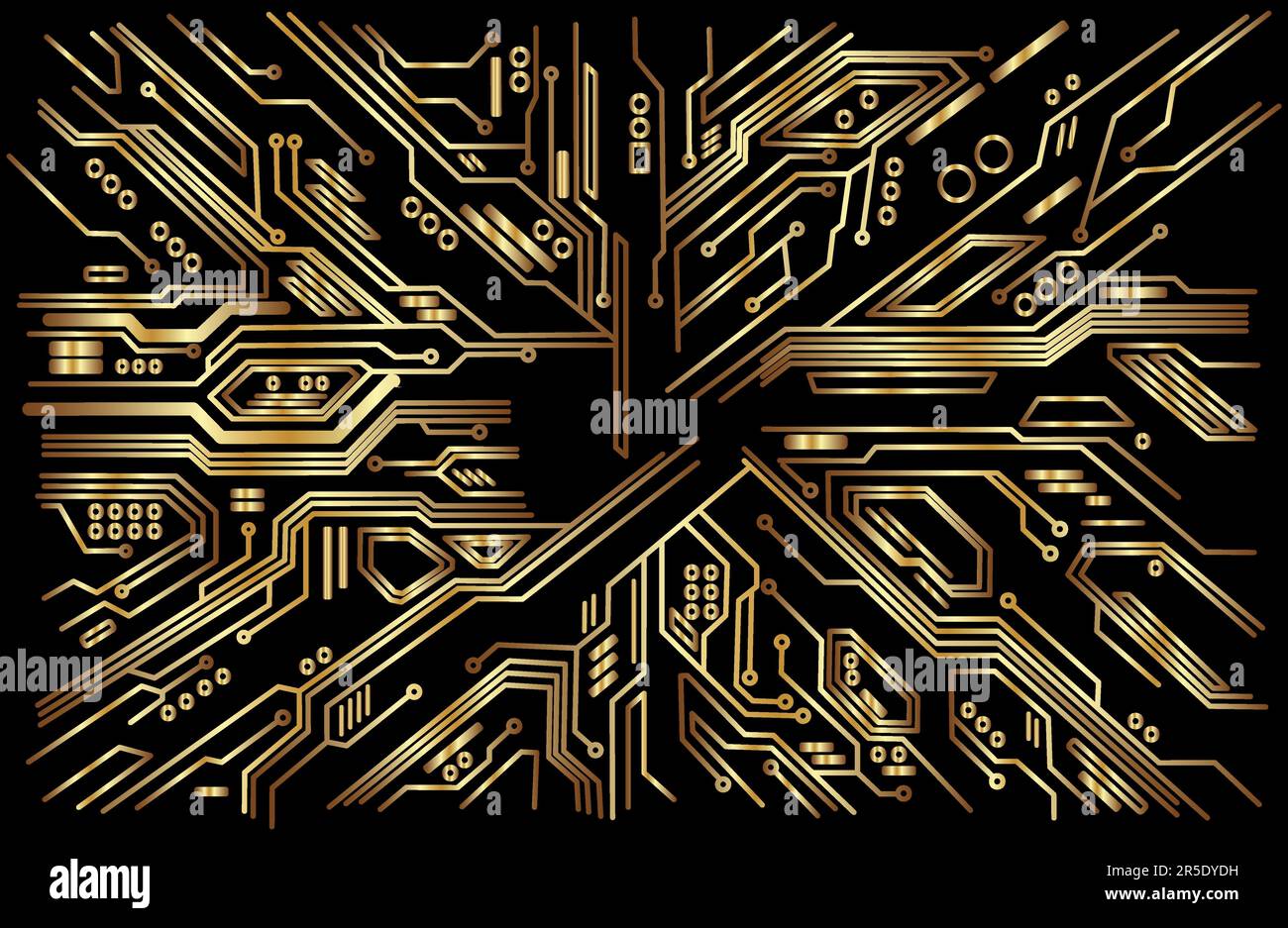 Background of modern interconnected circuit board digital technology pattern chimp component gold in black Stock Vector