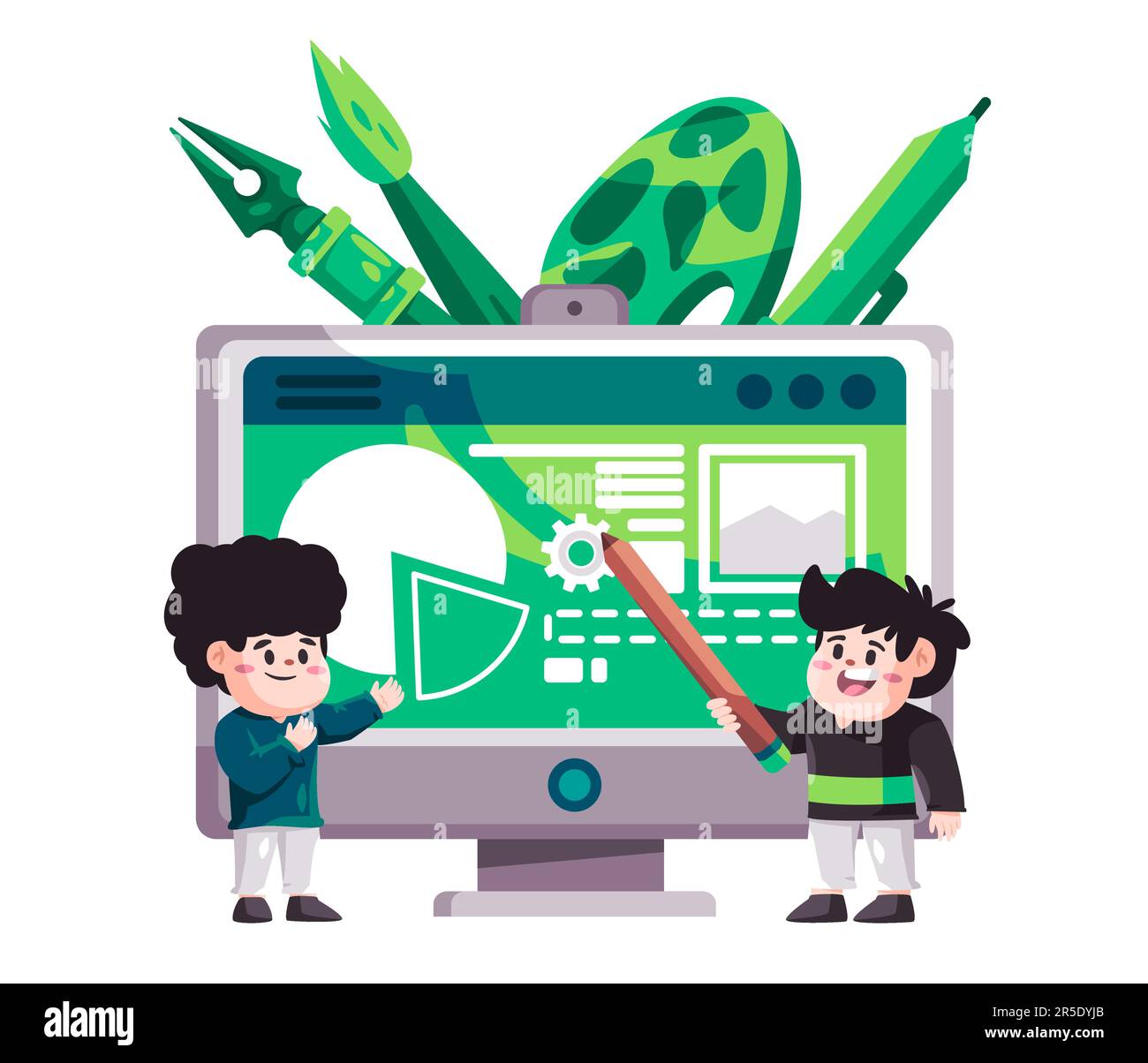 Graphic designer working with tools friends talking discuss teaching