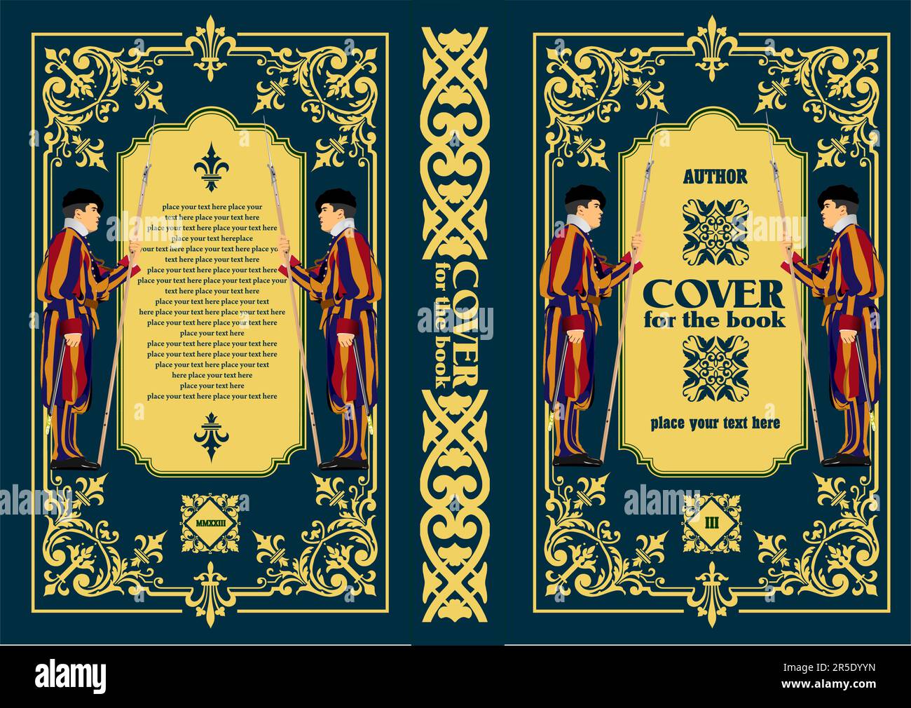 Ornate leather book cover and Old retro ornament frames. Royal Golden